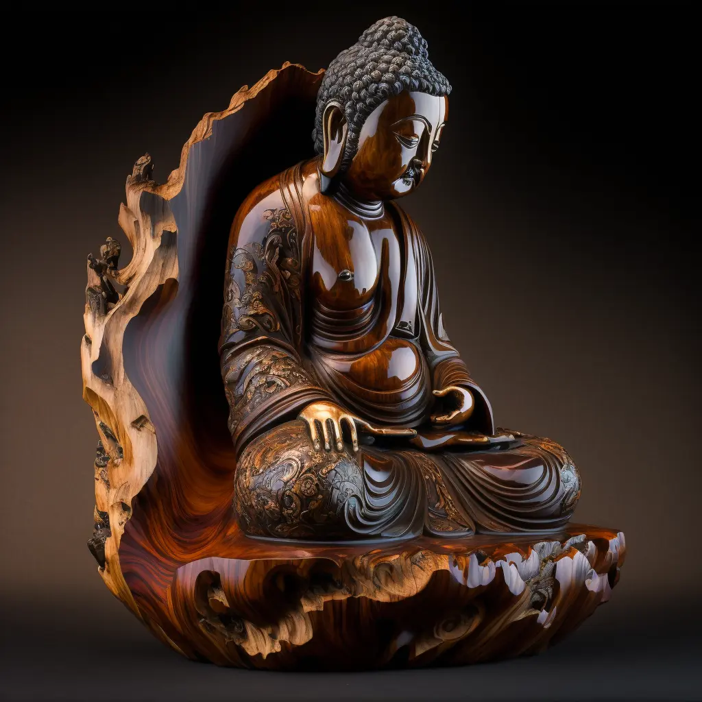 Buddha made of lacquered polished walnut burl and Mahogany, dynamic contrast, depth mapped